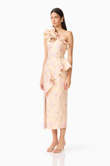Carys Asymmetrical Midi Dress in Cream with ruffles and floral jacquard print side shot 