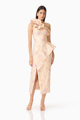 Carys Asymmetrical Midi Dress in Cream with ruffles and floral jacquard posed front shot 