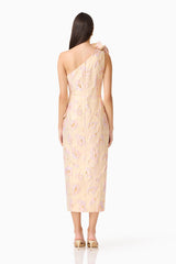 Carys Asymmetrical Midi Dress in Cream with ruffles and floral jacquard print back shot 