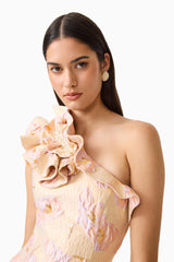 Carys Asymmetrical Midi Dress in Cream with ruffles and floral jacquard close up bodice shot 