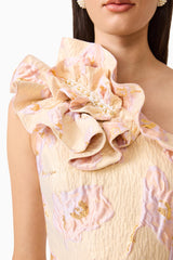 Carys Asymmetrical Midi Dress in Cream with ruffles and floral jacquard print detailed shot 