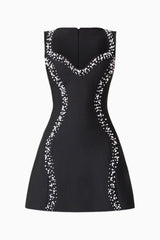 Natasia Embellished Mini Dress in Black with pearl stud detailing ghost shot