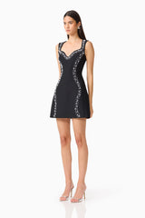 Natasia Embellished Mini Dress in Black with pearl stud detailing side shot