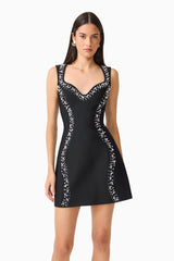 Natasia Embellished Mini Dress in Black with pearl stud detailing close up shot