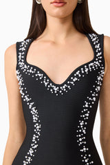 Natasia Embellished Mini Dress in Black with pearl stud detailing detailed shot
