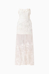 Whynter model wearing the Lorina Strapless Gown in White ghost shot