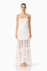 Whynter model wearing the Lorina Strapless Gown in White front shot