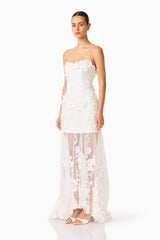 Whynter model wearing the Lorina Strapless Gown in White side shot