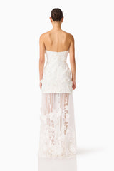 Whynter model wearing the Lorina Strapless Gown in White back shot