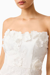 Whynter model wearing the Lorina Strapless Gown in White detail shot