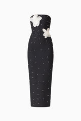Natasia Embellished Maxi Dress in Black with 3D floral applique and pearl studs ghost shot 