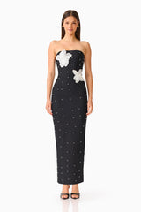 Natasia Embellished Maxi Dress in Black with 3D floral applique and pearl studs front shot 