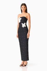 Natasia Embellished Maxi Dress in Black with 3D floral applique and pearl studs side shot 