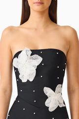 Natasia Embellished Maxi Dress in Black with 3D floral applique and pearl studs detailed shot 