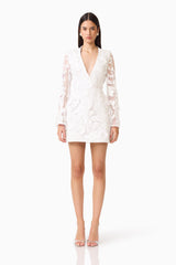 Lorina Flared Sleeve Mini Dress in White  with V-neckline &  sheer long sleeves with 3d floral appliques front shot 