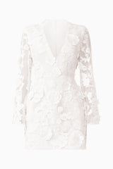 Lorina Flared Sleeve Mini Dress in White  with V-neckline &  sheer long sleeves with 3d floral appliques ghost shot 