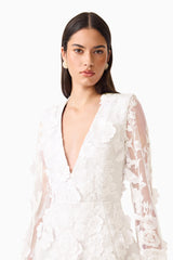 Lorina Flared Sleeve Mini Dress in White  with V-neckline &  sheer long sleeves with 3d floral appliques close up shot 