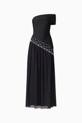 Natasia Off Shoulder Gown in Black with pearl stud detailing ghost shot