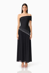 Natasia Off Shoulder Gown in Black with pearl stud detailing front shot