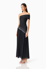 Natasia Off Shoulder Gown in Black with pearl stud detailing side shot 