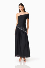 Natasia Off Shoulder Gown in Black with pearl stud detailing posed shot