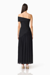 Natasia Off Shoulder Gown in Black with pearl stud detailing back shot