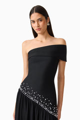 Natasia Off Shoulder Gown in Black with pearl stud detailing close-up shot
