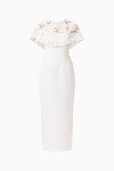 Lorina Cape Gown in White with removable cape with applique flowers & column silhouette ghost shot