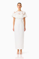 Lorina Cape Gown in White with removable cape with applique flowers & column silhouette front shot