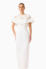 Lorina Cape Gown in White with removable cape with applique flowers & column silhouette close up shot