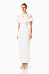 Lorina Cape Gown in White with removable cape with applique flowers & column silhouette side shot