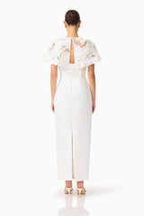 Lorina Cape Gown in White with open back, cape with applique flowers & column silhouette back shot