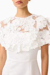 Lorina Cape Gown in White with removable cape with applique flowers & column silhouette detail shot