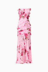 Eleanora Ruffle Gown in Pink Floral with boat neckline & printed georgette fabrication ghost shot