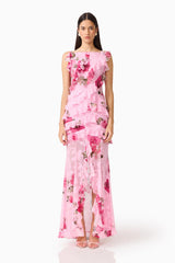 Eleanora Ruffle Gown in Pink Floral with boat neckline & printed georgette fabrication front shot