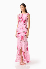 Eleanora Ruffle Gown in Pink Floral with boat neckline & printed georgette fabrication side shot