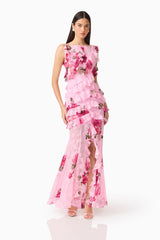 Eleanora Ruffle Gown in Pink Floral with boat neckline & printed georgette fabrication posed shot
