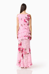 Eleanora Ruffle Gown in Pink Floral with boat neckline & printed georgette fabrication back shot
