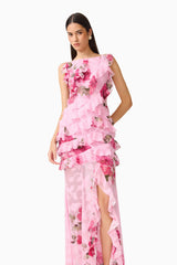 Eleanora Ruffle Gown in Pink Floral with boat neckline & printed georgette fabrication close up shot
