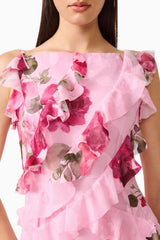 Eleanora Ruffle Gown in Pink Floral with boat neckline & printed georgette fabrication detailed shot