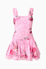 Eleanora Drop Waist Mini in Pink Floral with pleated bodice & tiered skirt in ghost shot