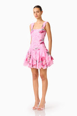Eleanora Drop Waist Mini in Pink Floral with pleated bodice & tiered skirt in side shot