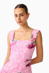 Eleanora Drop Waist Mini in Pink Floral with pleated bodice & tiered skirt in detail shot