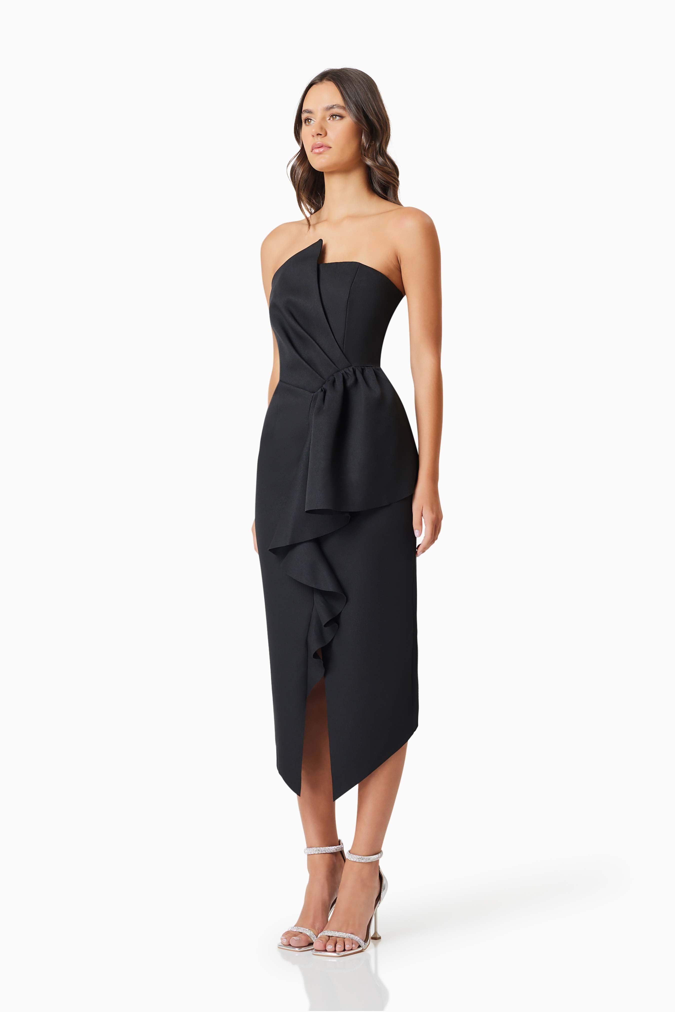 Reception Midi Dress in Black – Elegant Strapless Eventwear – Elliatt