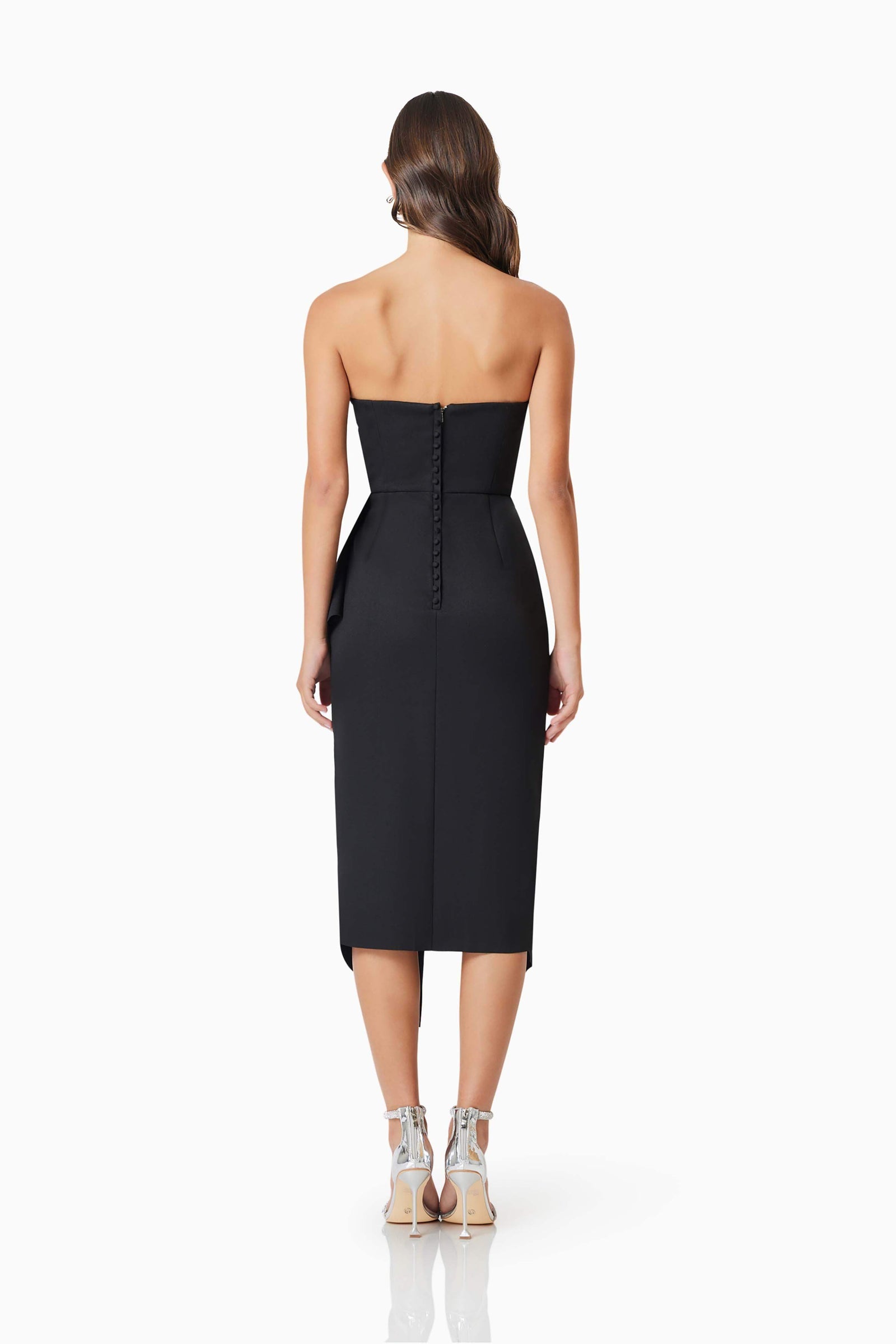 Reception Midi Dress in Black – Elegant Strapless Eventwear – Elliatt