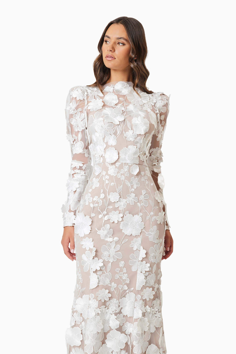 Shannon 3D Floral Midi Dress In White Shannon 3D Floral Midi Dress In White