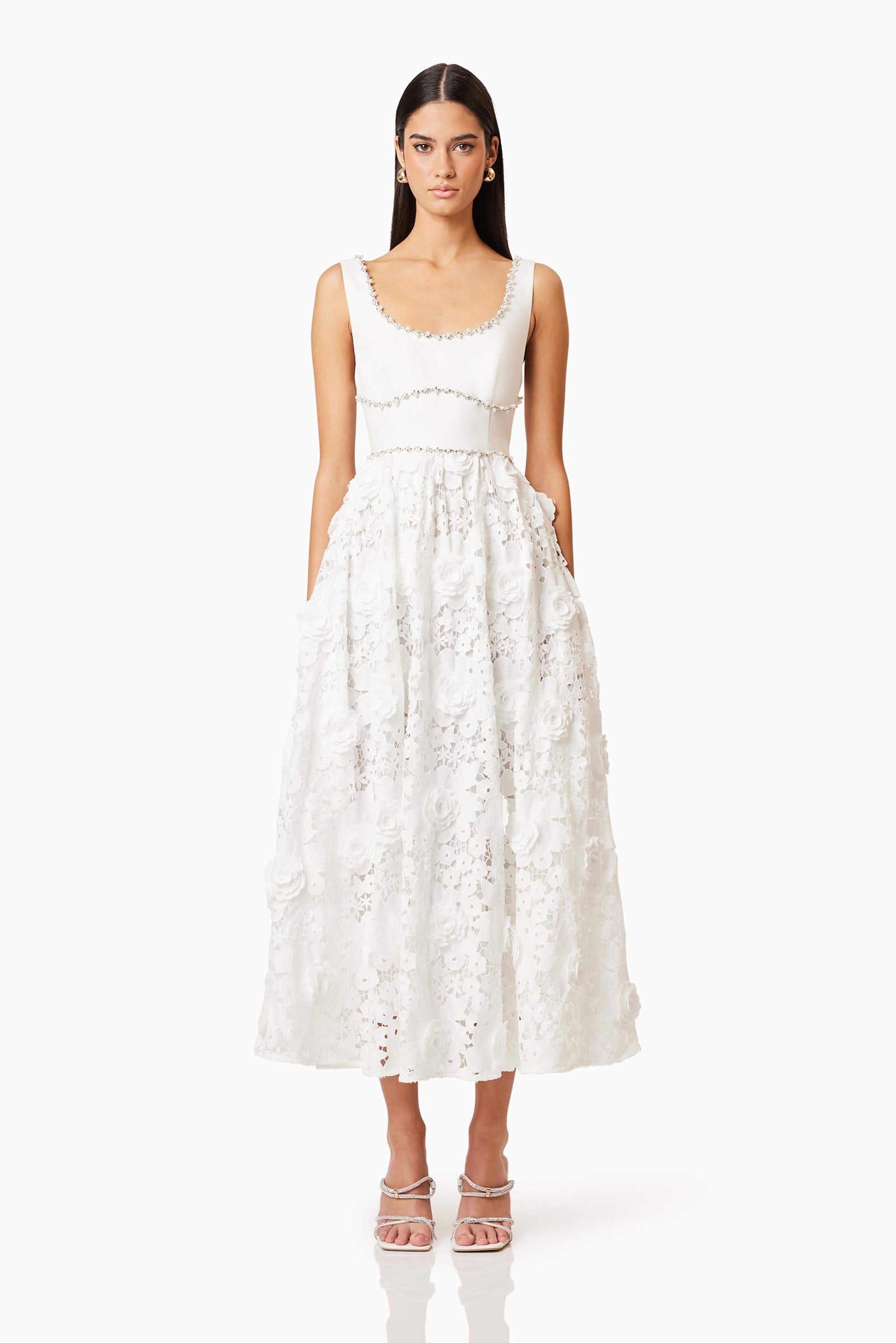 Daffodil Lace Midi Dress In White | Pearl and Diamante Trim Elliatt Daffodil Lace Midi Dress In White | Pearl and Diamante Trim Elliatt
