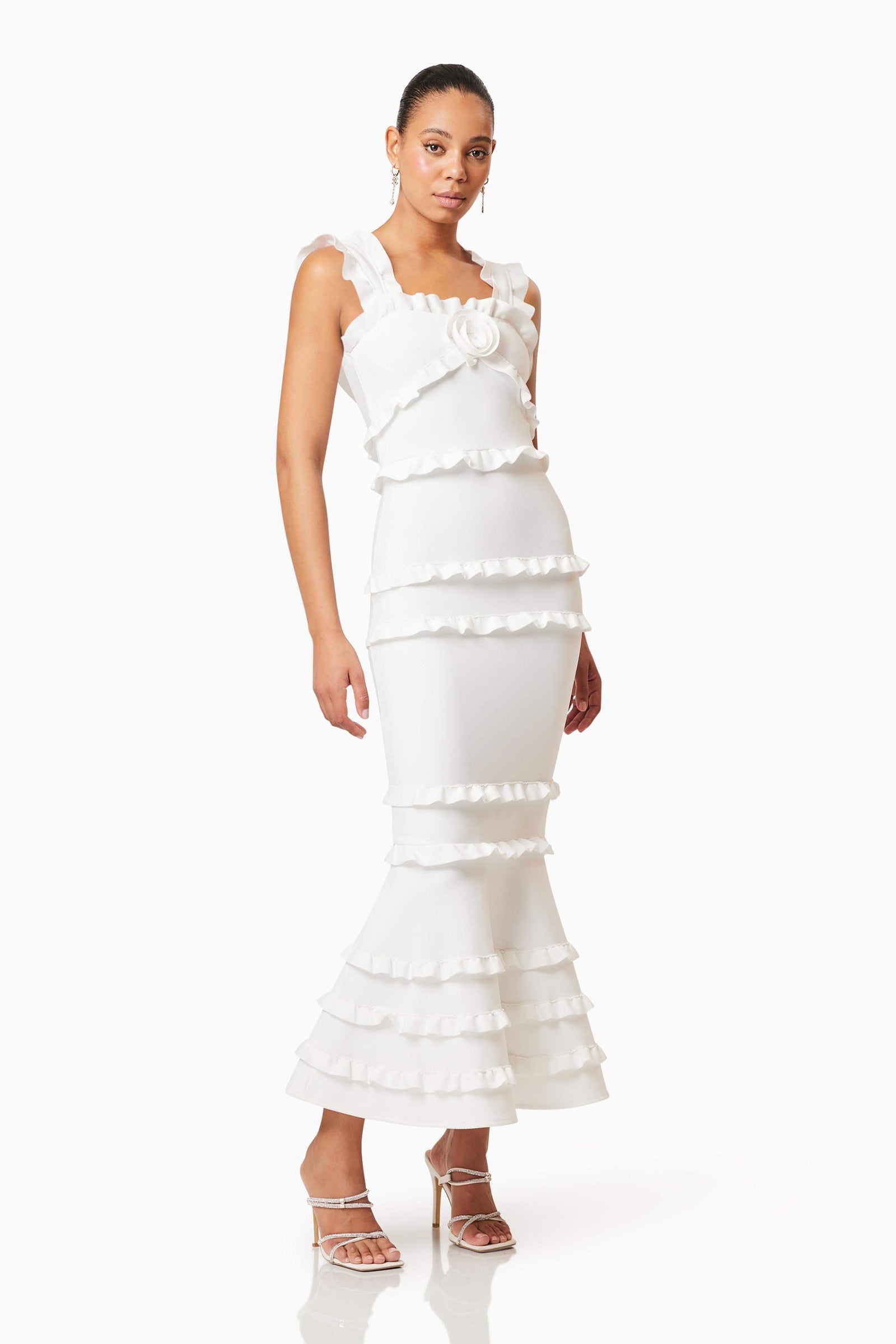 alba frill trim maxi dress white Kimberly Frill Maxi Dress in White – Elliatt