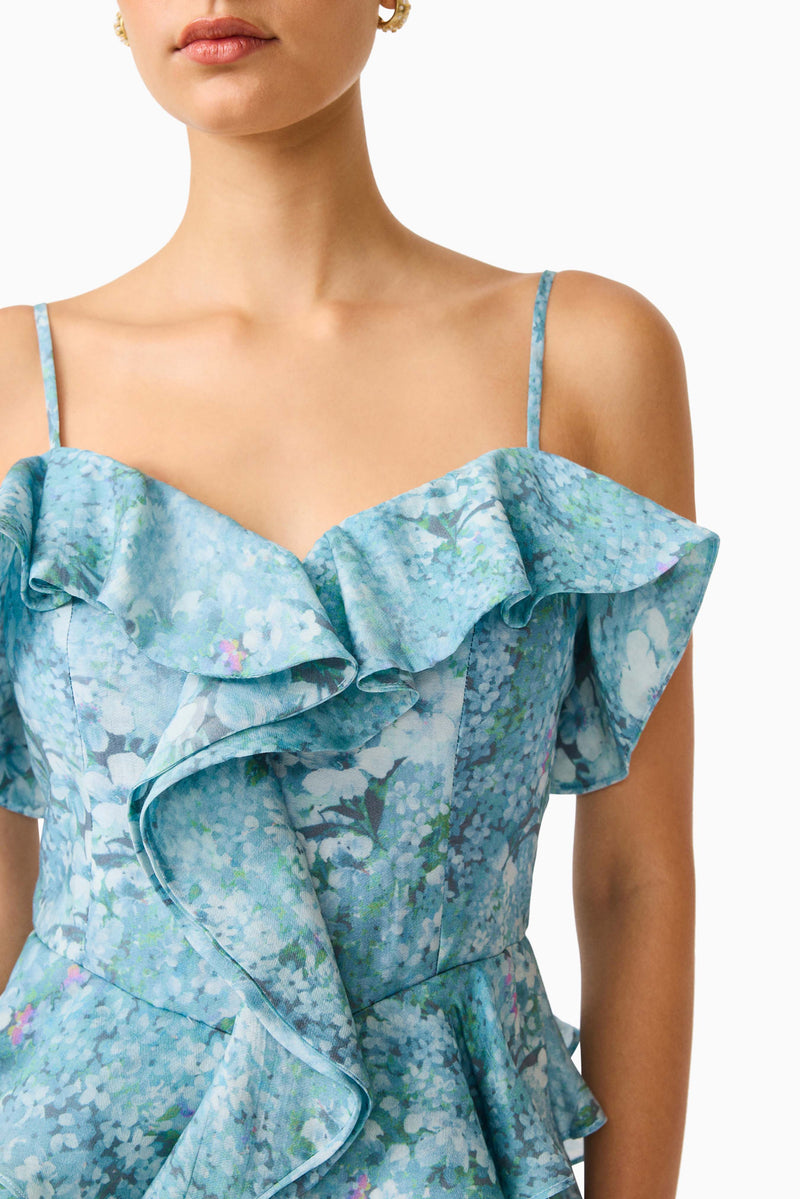 Faye Mini Dress in Blue | Floral Ruffle Detail Elliatt Faye Mini Dress in Blue | Floral Ruffle Detail Elliatt