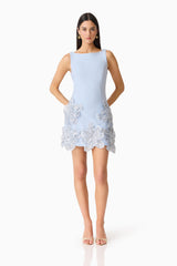 Brunette model wearing the Skye Mini Dress in Blue posed shot